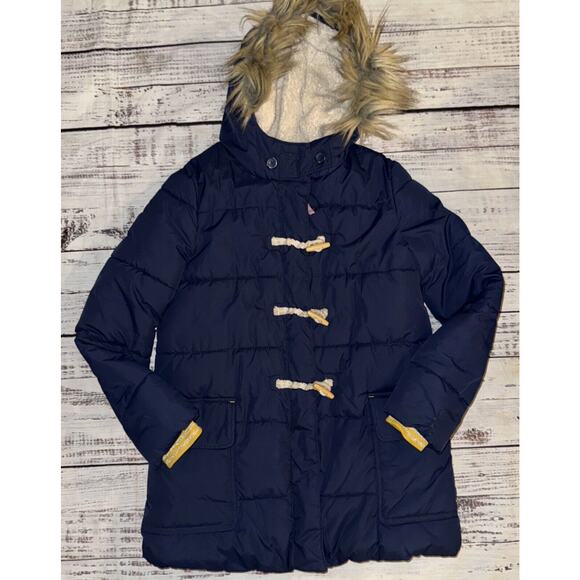 Boden Girls Sherpa-Lined Hooded Puffer Parka Coat Size 11-12Y Navy Blue Toggles - Picture 1 of 10